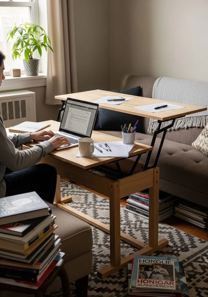 lift-top coffee table used as desk in tiny living room