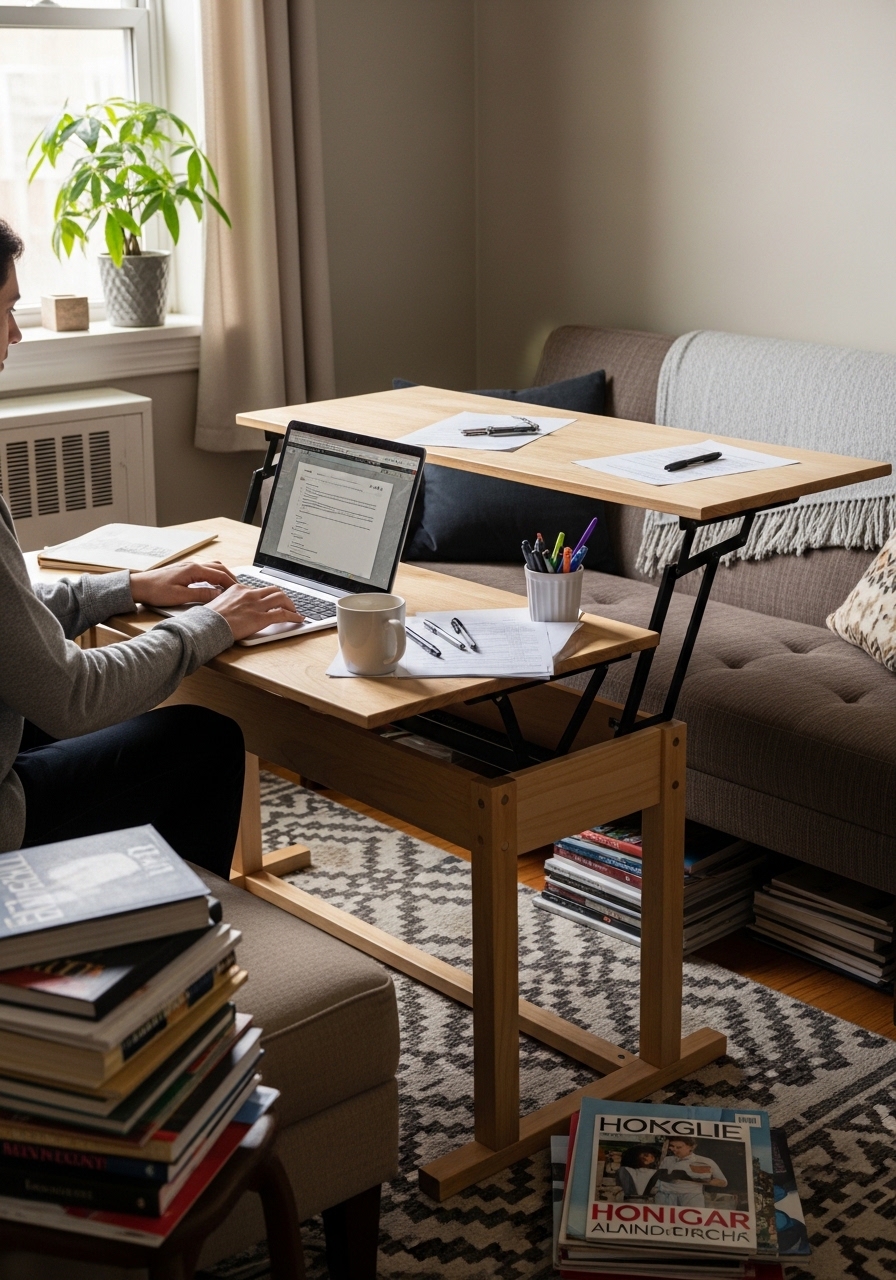 lift-top coffee table used as desk in tiny living room