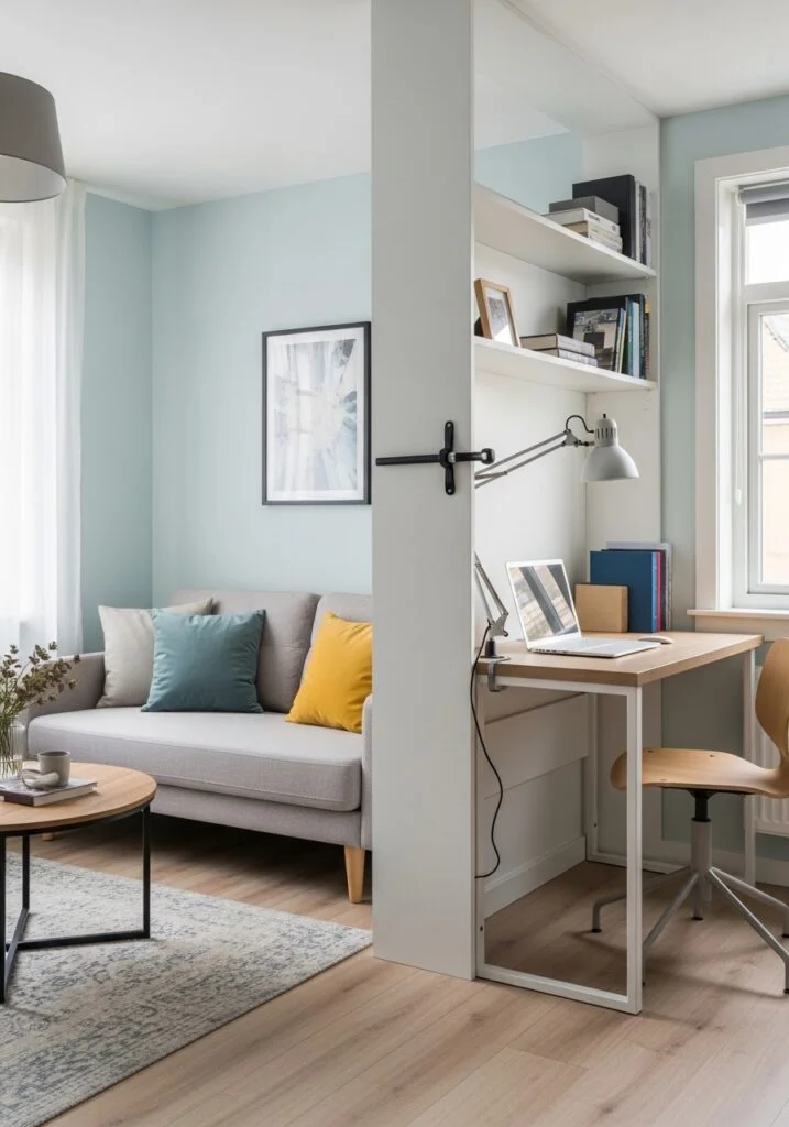 open shelving room divider with built-in desk in tiny living room