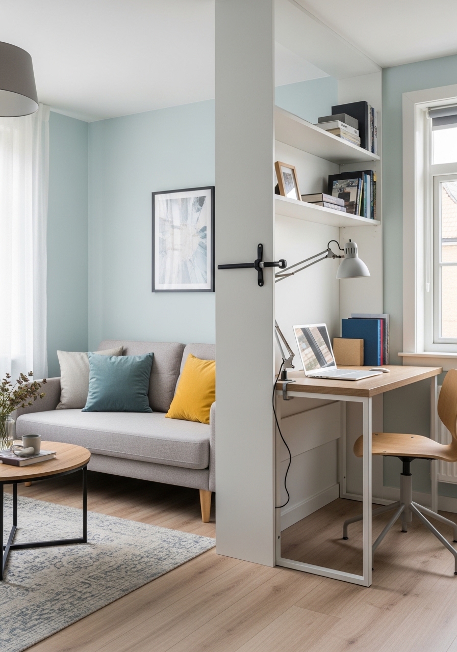 open shelving room divider with built-in desk in tiny living room