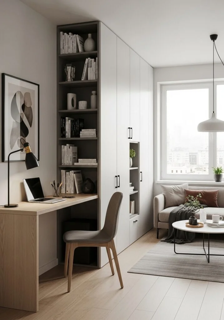 pencil-thin desk with vertical wall storage in tiny living room