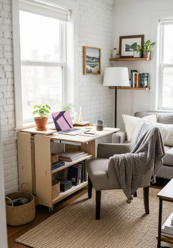 rolling cart converted into desk in tiny living room
