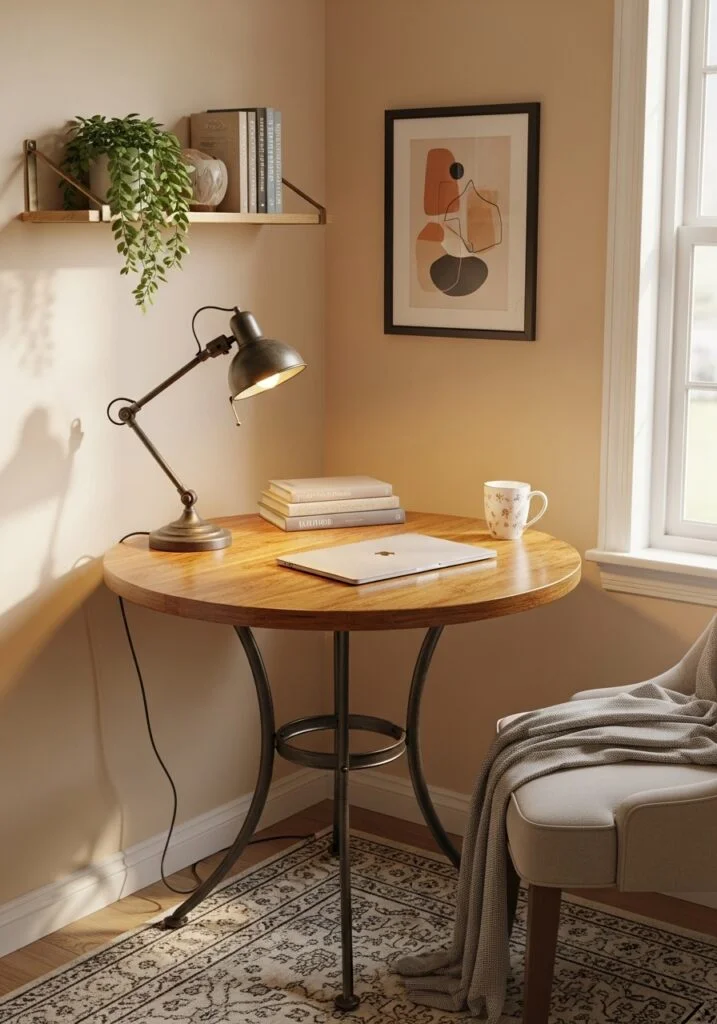 round bistro table used as desk in tiny living room