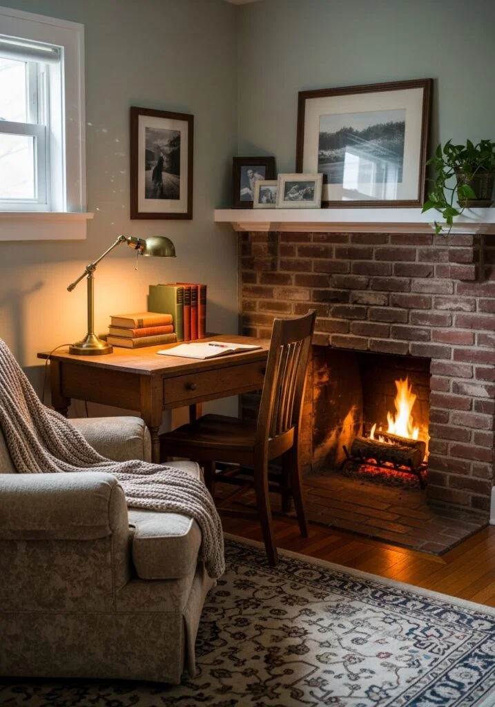 small desk beside fireplace in tiny living room