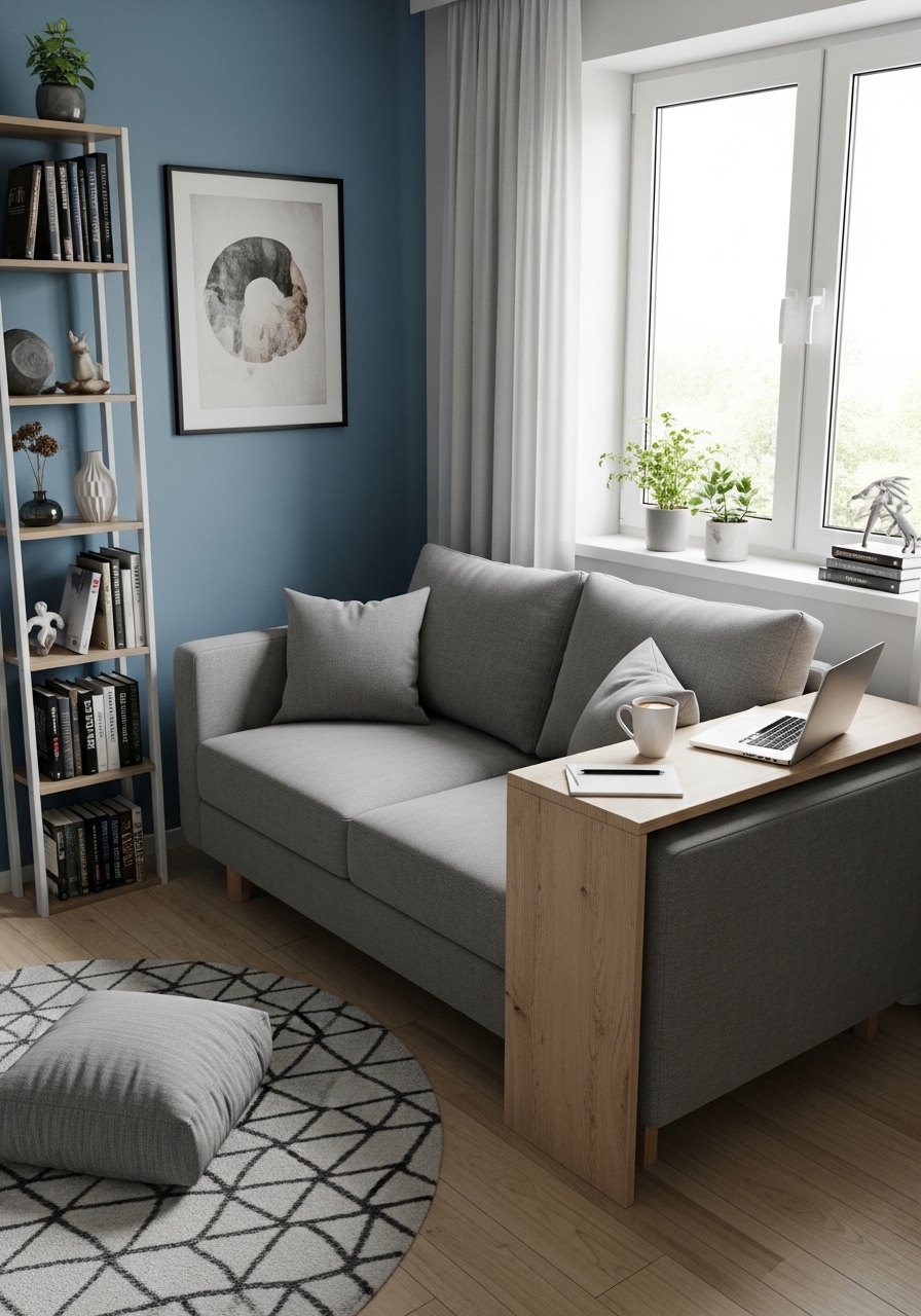 sofa armrest desk extension in tiny living room
