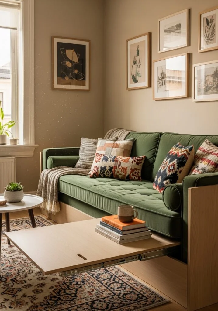 under-sofa hidden slide-out desk in tiny living room,