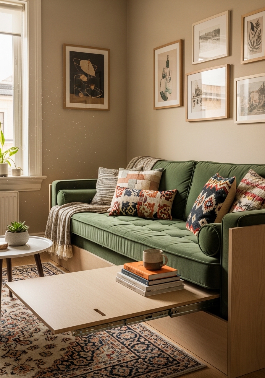 under-sofa hidden slide-out desk in tiny living room,
