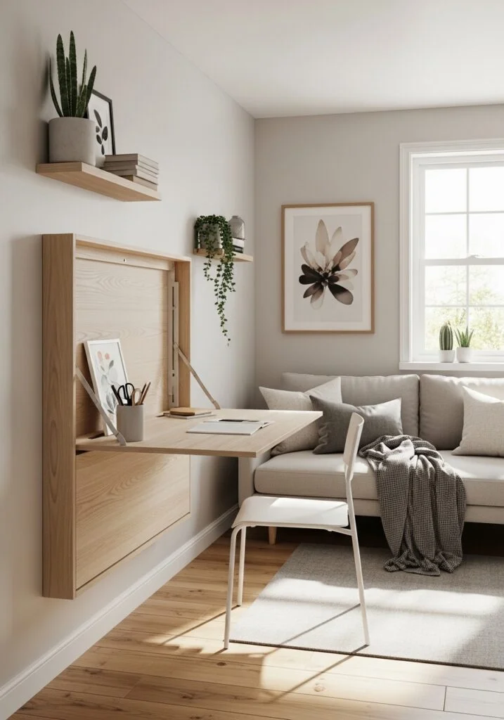 wall-mounted foldable desk panel in tiny living room