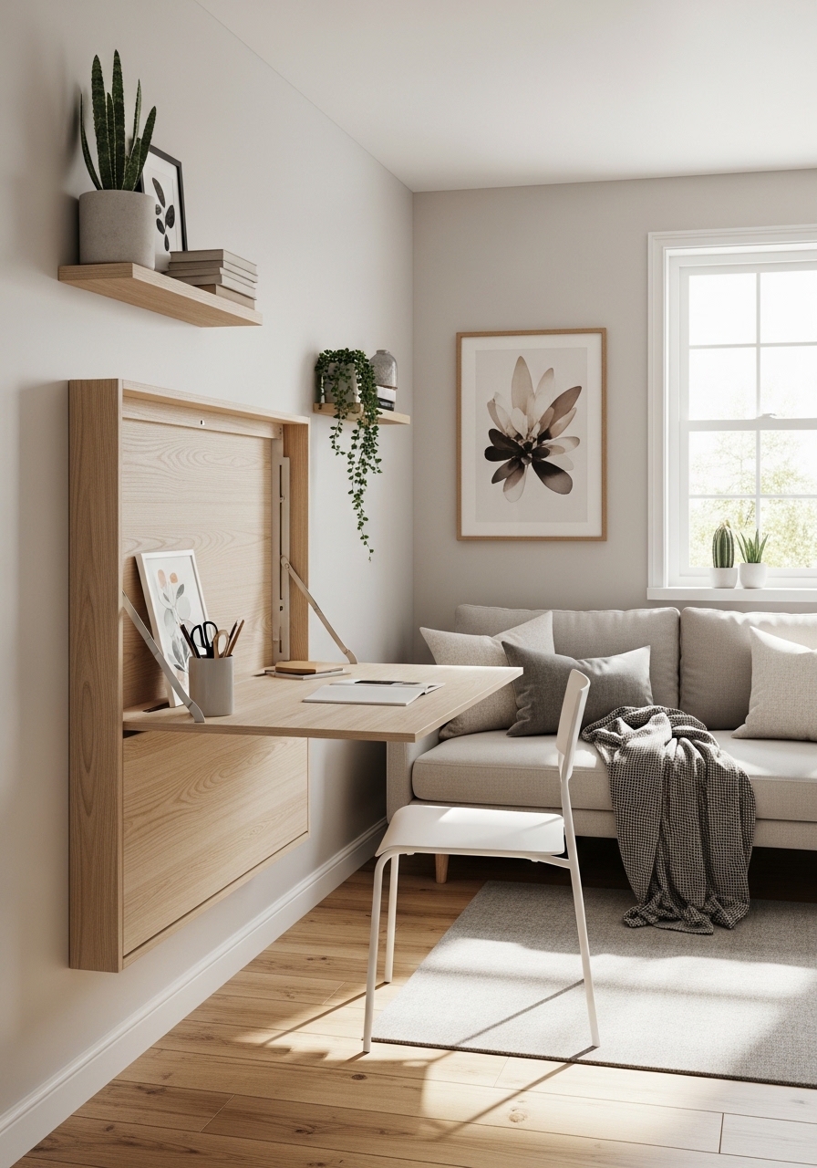 wall-mounted foldable desk panel in tiny living room