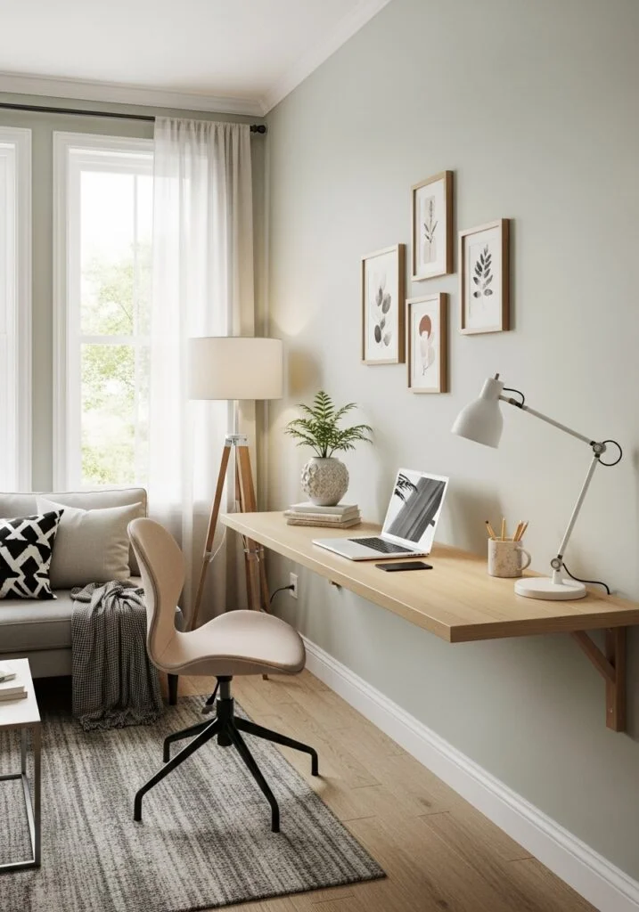 wall-to-wall slim desk in tiny living room