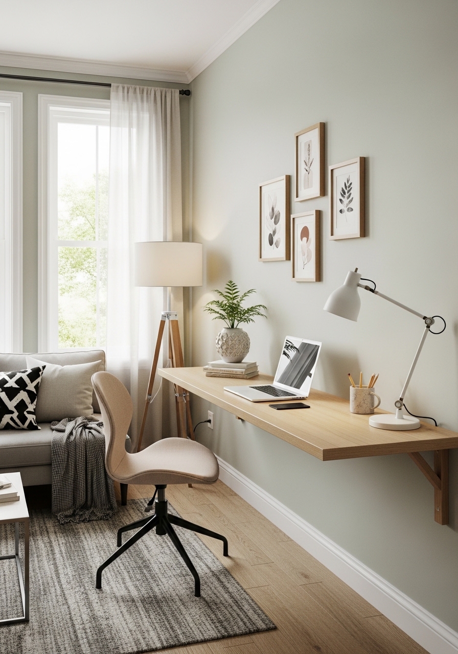 wall-to-wall slim desk in tiny living room