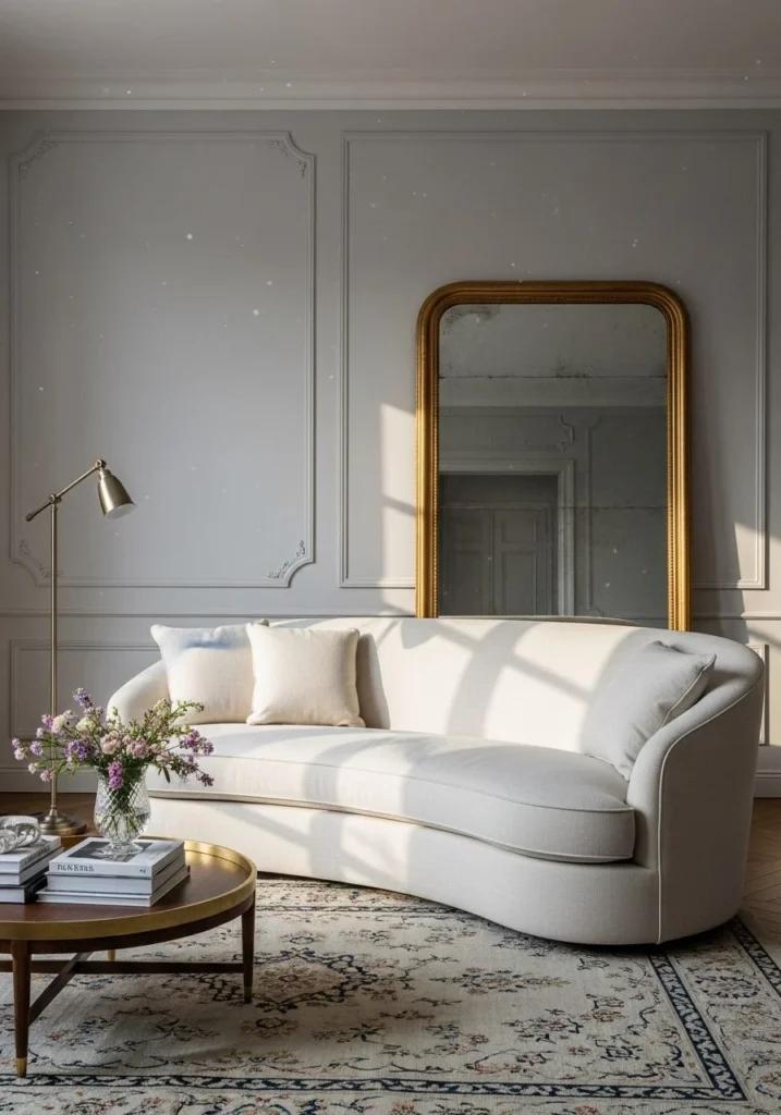 Elegant Curved Linen Sofa Centerpiece