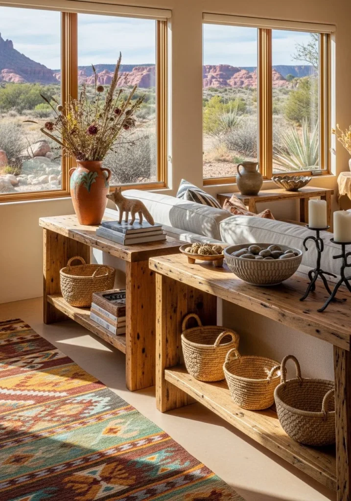 Low Wooden Console Tables for Subtle Functionality