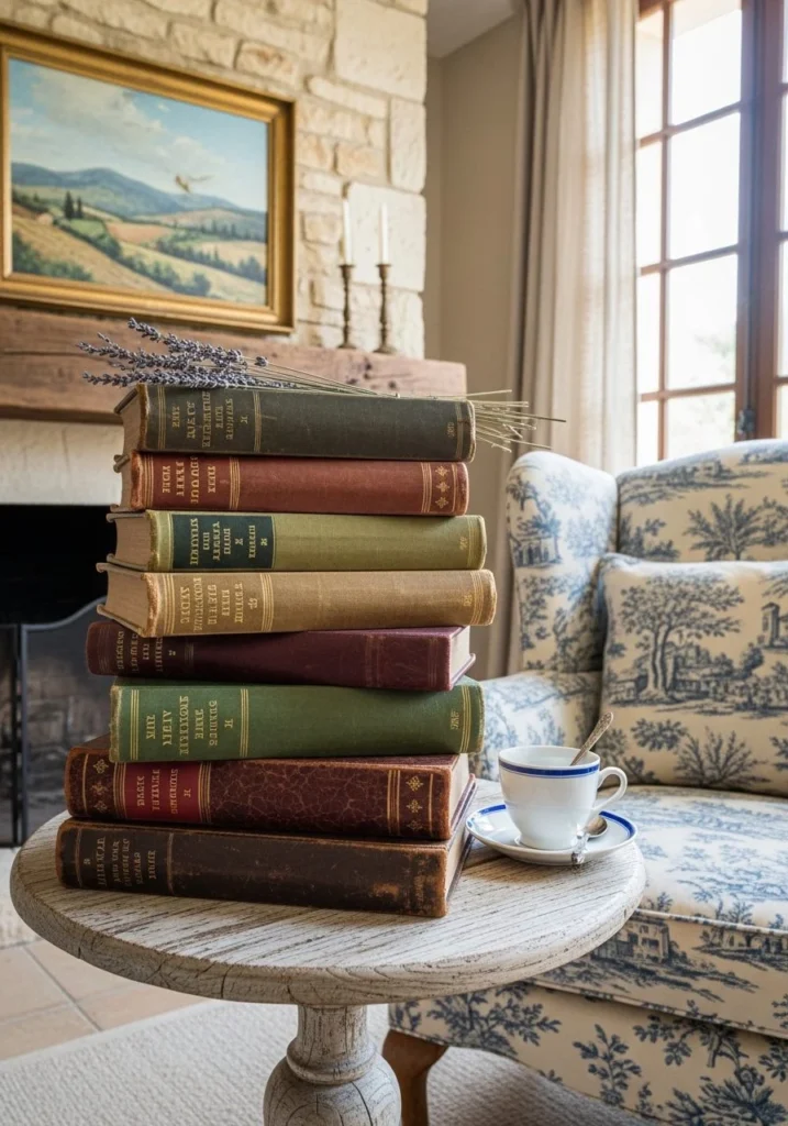 Old Books Stack Decor for Vintage French Storytelling