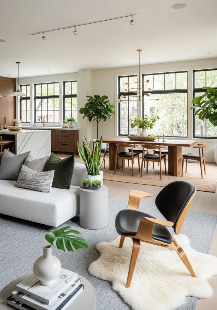 Open Concept Living Room Zoning with Wegner Chair