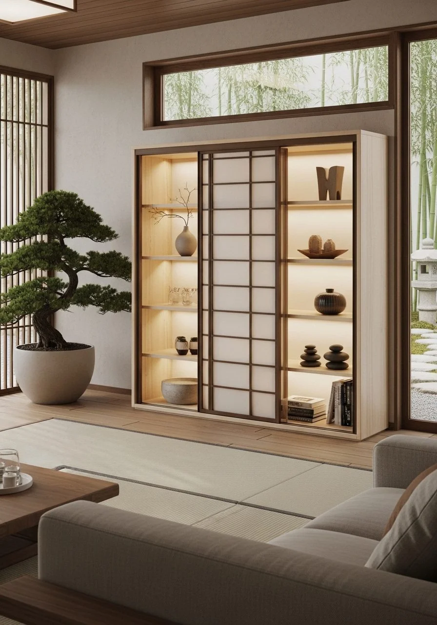 Shoji-Inspired Glass Cabinet Storage Design