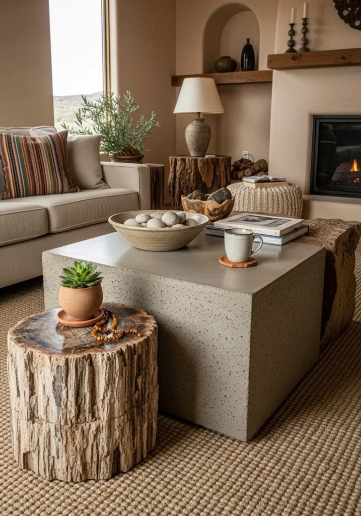Stone or Concrete Coffee Tables for Earthy Contrast