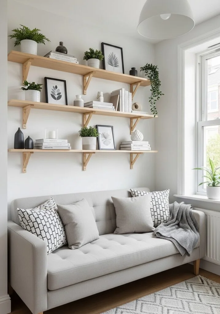 Wall-Mounted Shelves Above Sofa