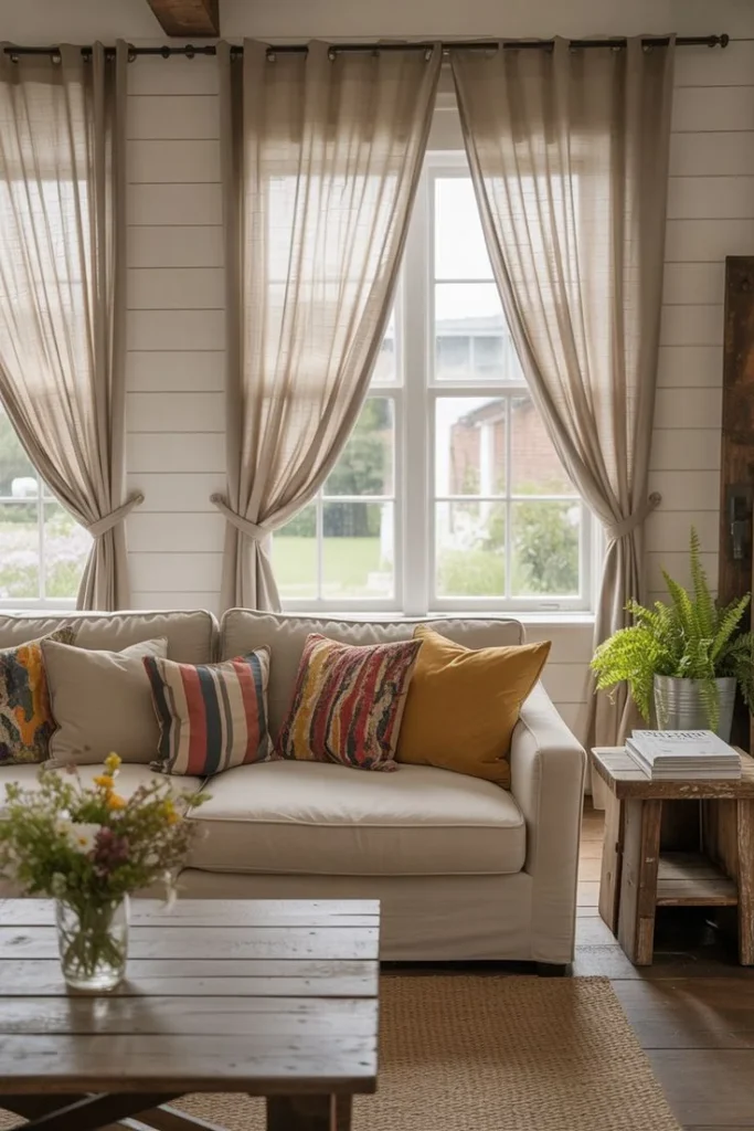 Add Floor to Ceiling Curtains for a Soft Elegant Farmhouse Feel