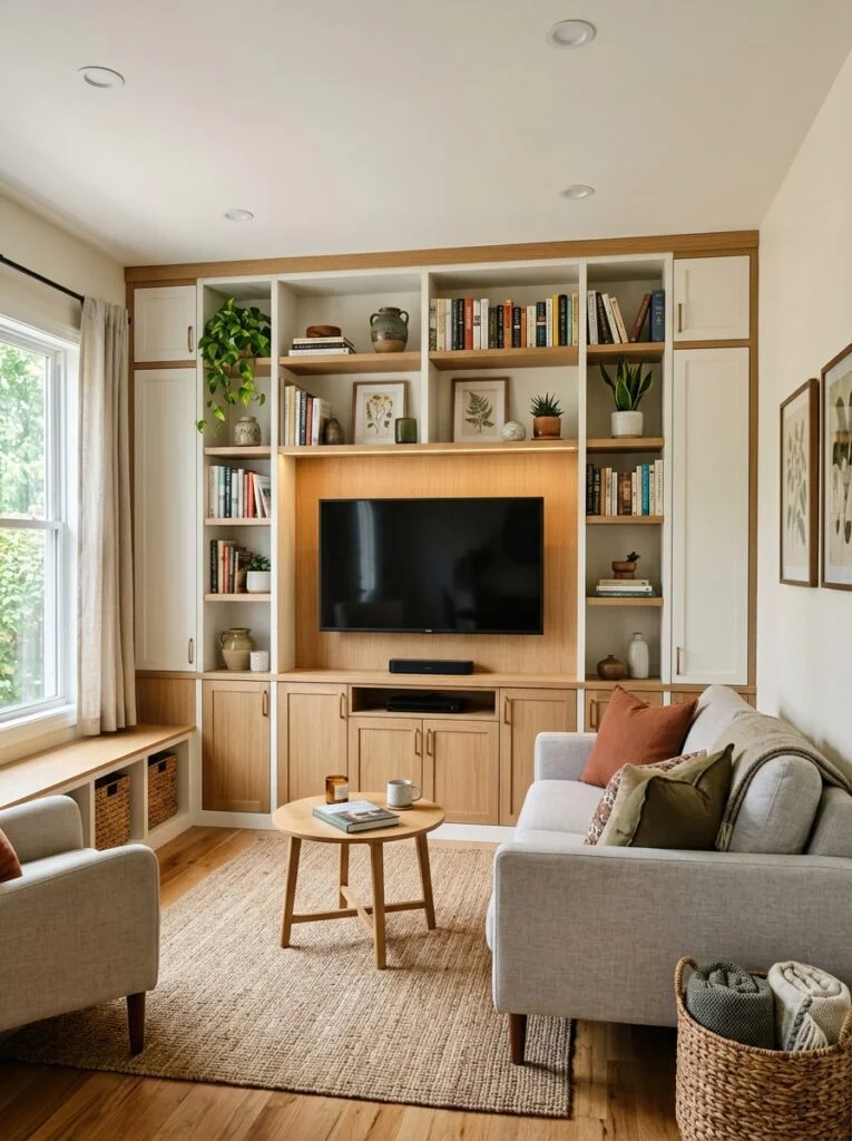 Built-In Wall Units for Seamless Storage tiny living room idea