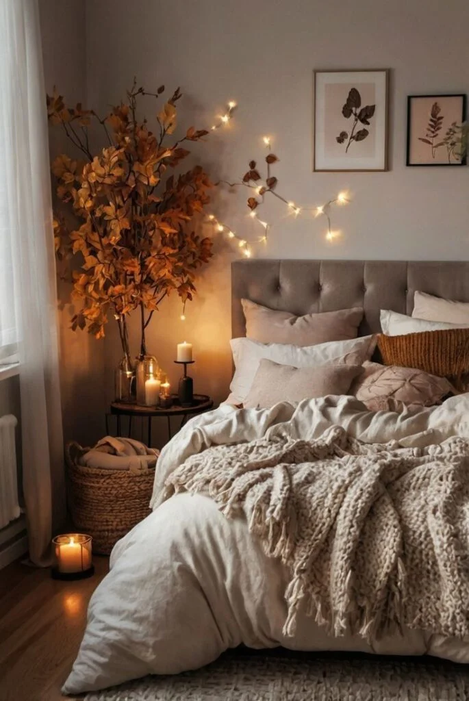 Cozy Bedroom with Layered Seasonal Decor