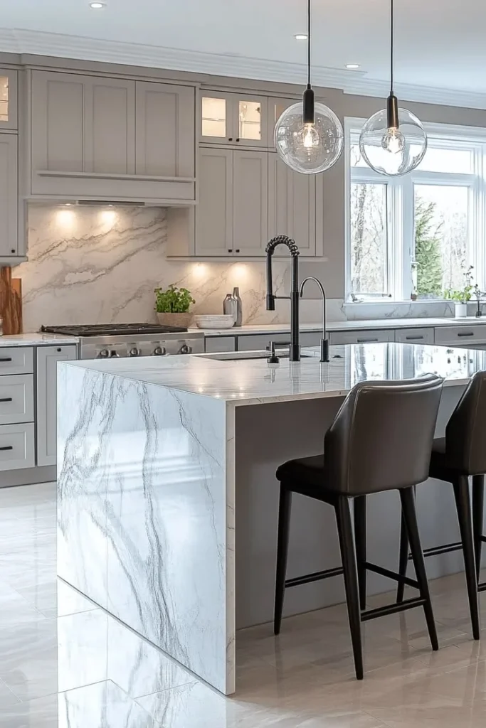 Design a High-End White Kitchen With Waterfall Island