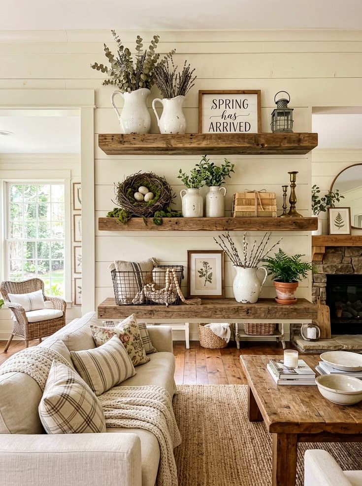 Style Open Wooden Shelves with Farmhouse Decor