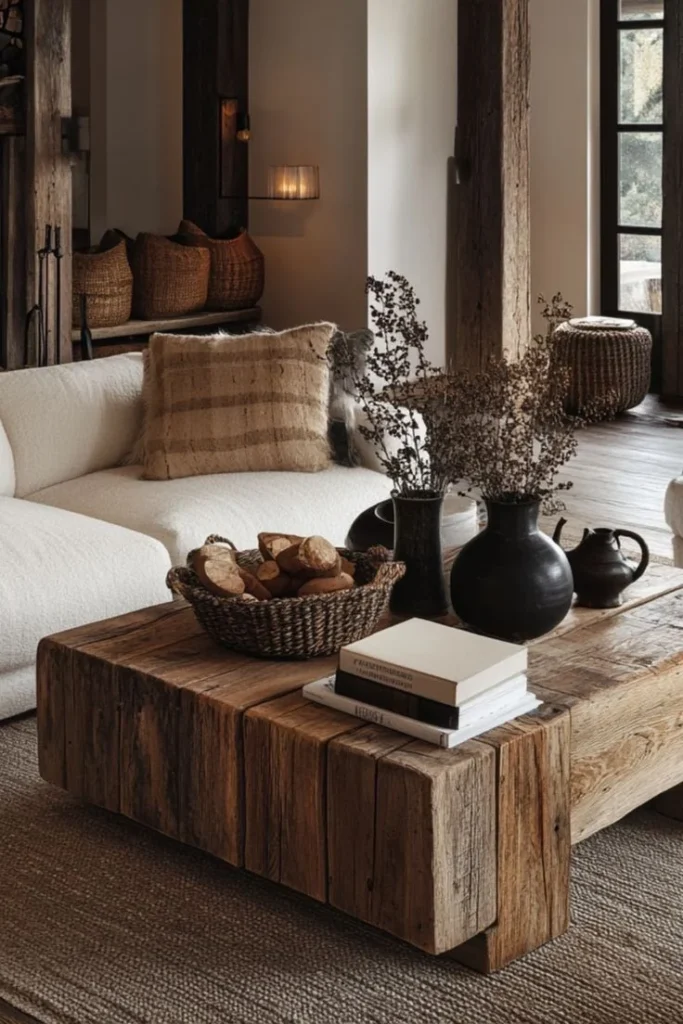 Use a Large Rustic Wood Coffee Table as the Centerpiece
