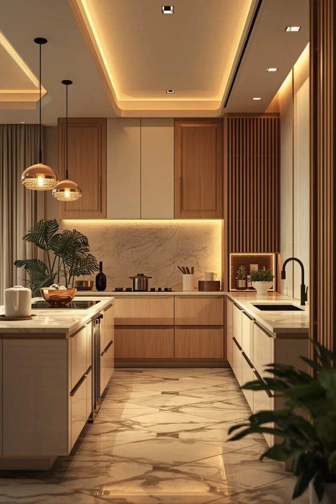 Warm Wood and White Contrast Kitchens