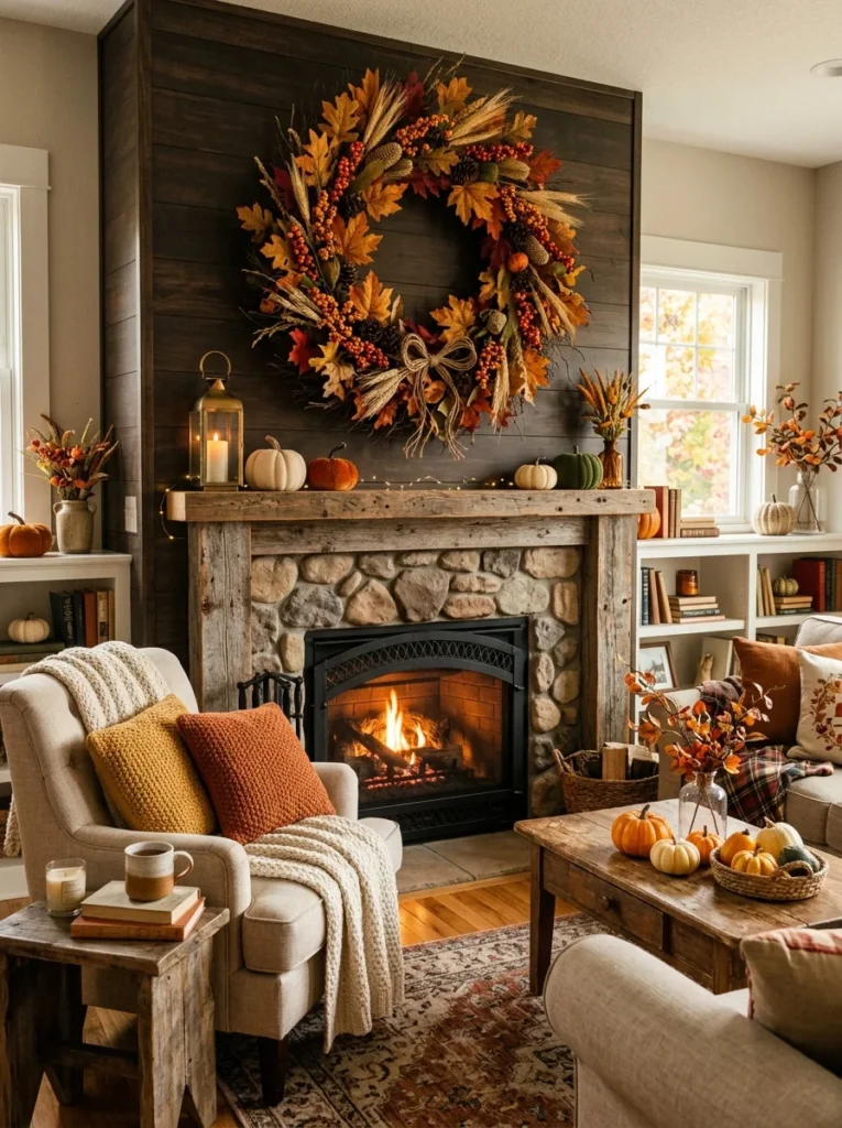 Add a Statement Fall Wreath Indoors Cozy Fall Living Room