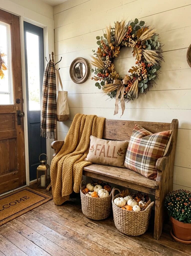 Cozy Entryway Farmhouse Bench Fall Farmhouse Decor Ideas That Feel Warm and Inviting