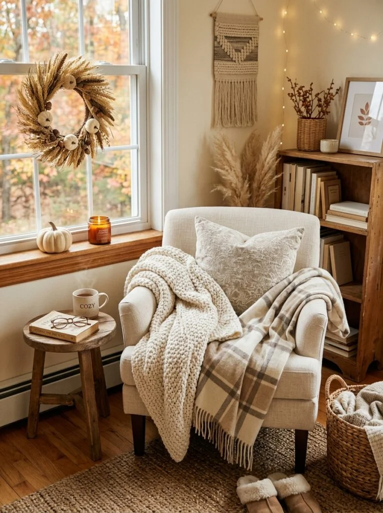 Cozy Neutral Reading Corner Neutral Fall Decor Ideas