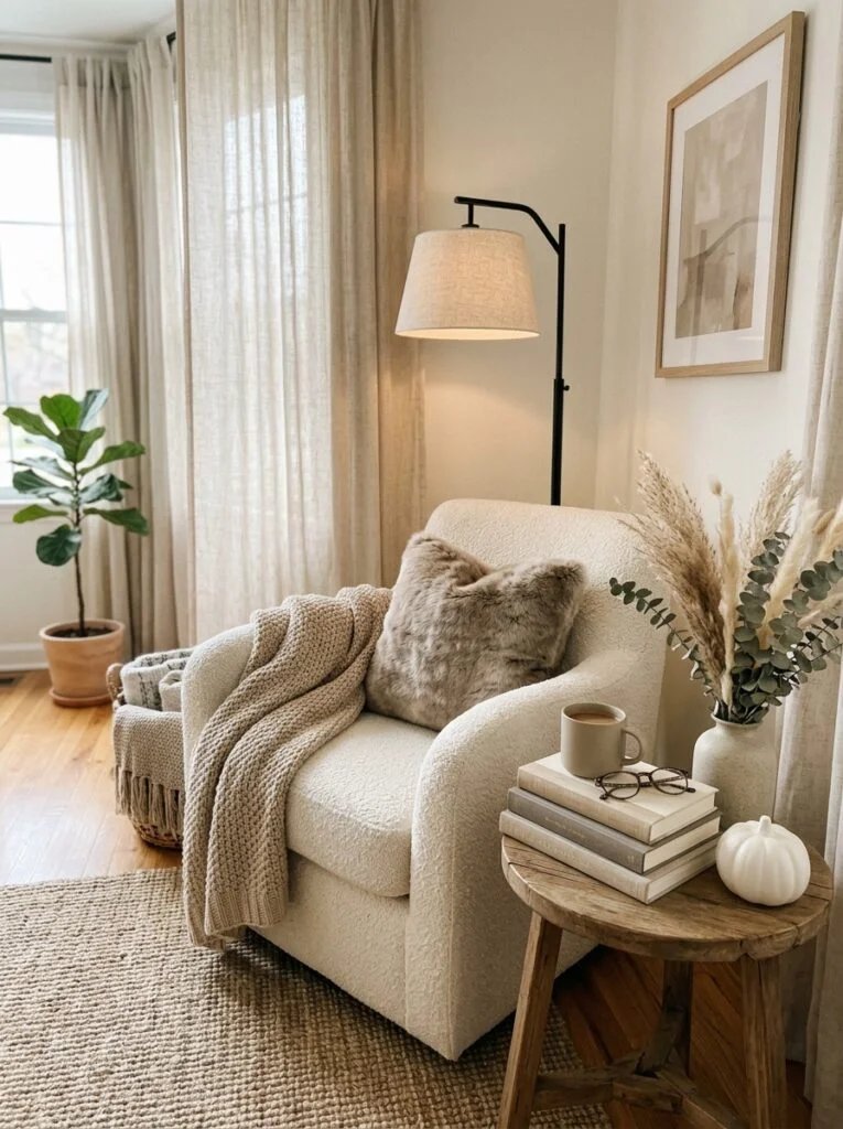 Cozy Neutral Reading Corner Neutral Fall Decor Ideas for a Sophisticated Look need real time image of home decor 