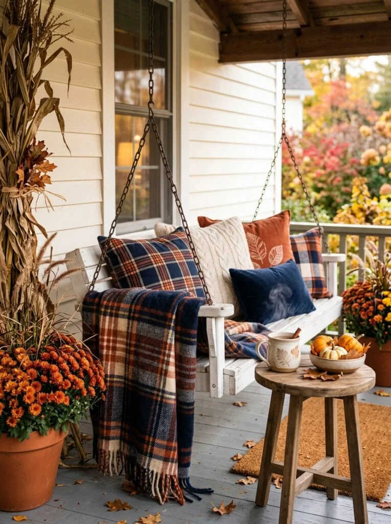 Cozy Plaid Porch Seating Beautiful Fall Front Porch Decor Ideas