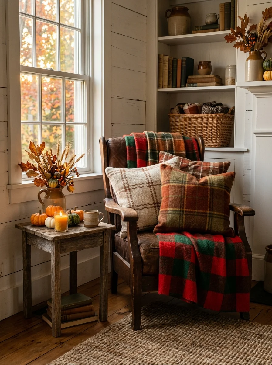 Cozy Plaid Textile Layers Fall Arrangements Fall Farmhouse Decor Ideas That Feel Warm and Inviting
