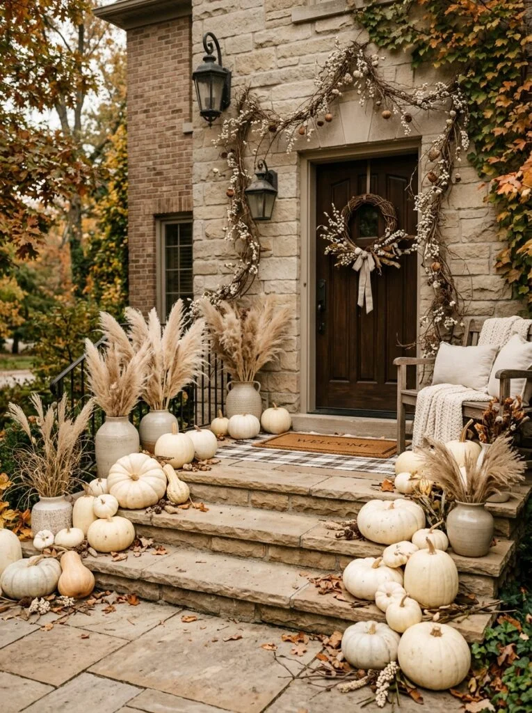 Cream Pumpkin Layered Styling Neutral Fall Decor Ideas for a Sophisticated Look