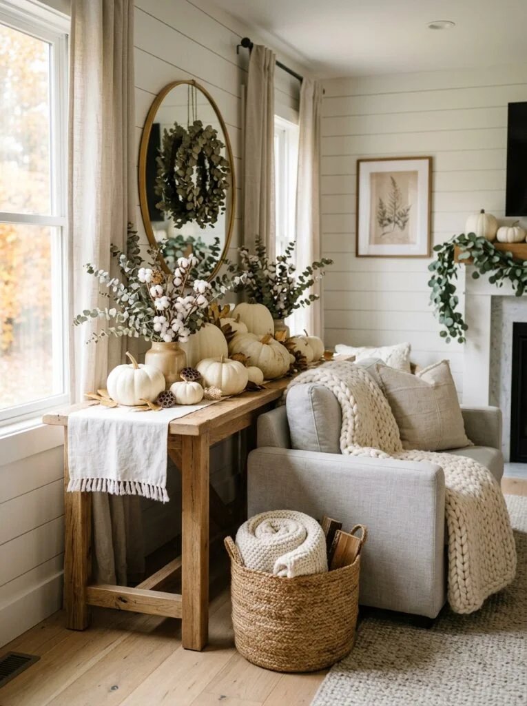 Creamy White Pumpkin Farmhouse Layers Fall Farmhouse Decor Ideas That Feel Warm and Inviting