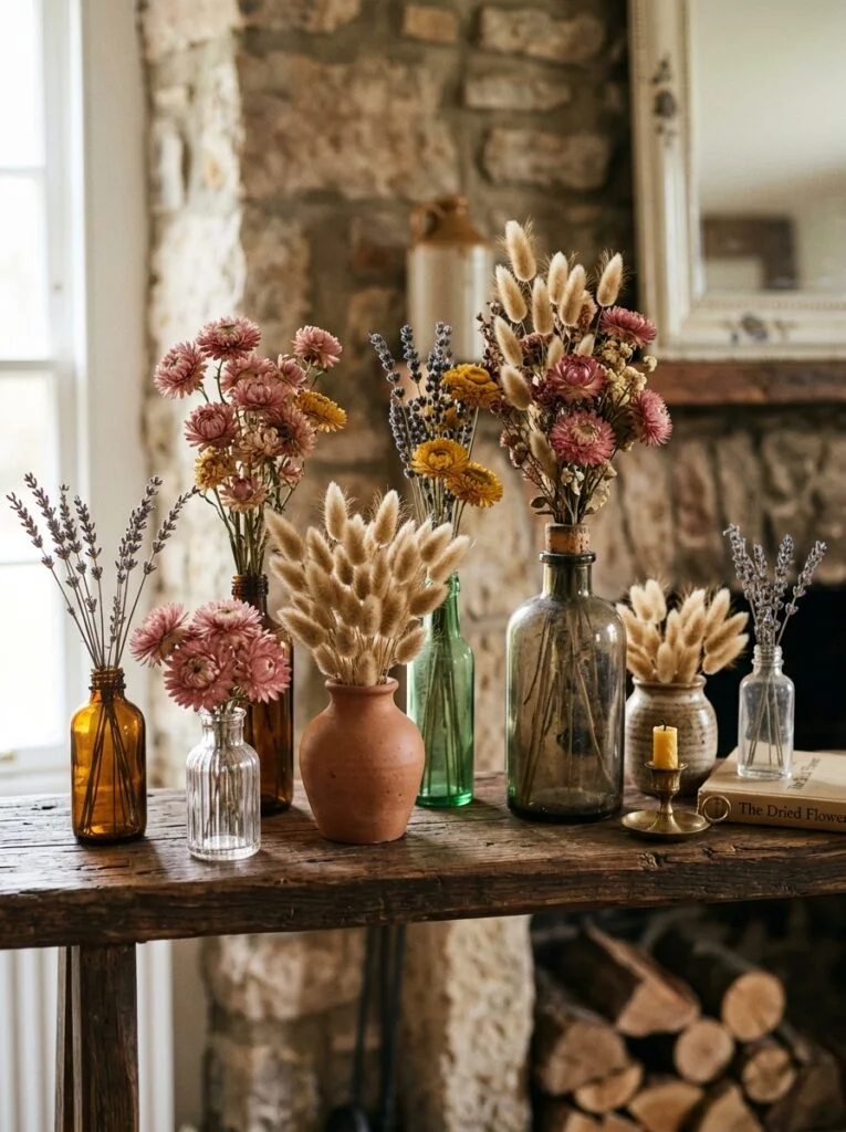 Display Dried Flowers and Pampas Grass Cozy Fall Living Room