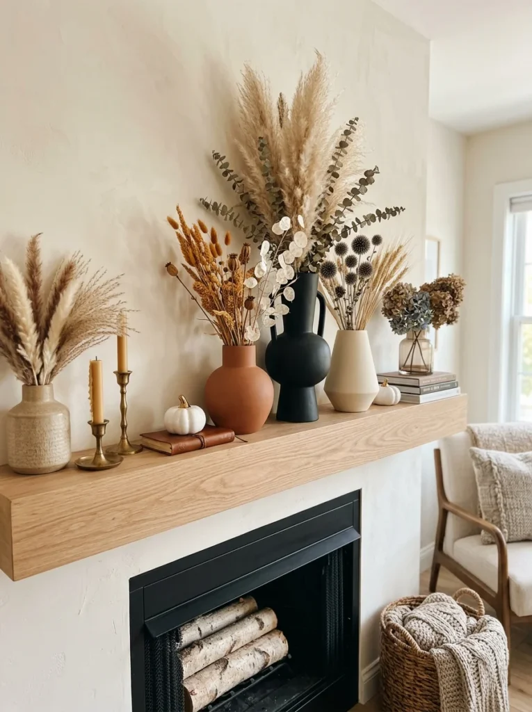 Dried Florals in Contemporary Vases Modern Fall Mantel Decor Ideas for a Cozy Home