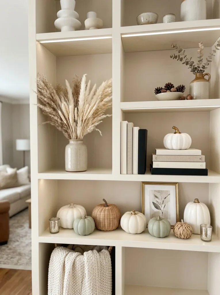 Elegant Shelf Styling Neutral Fall Decor Ideas