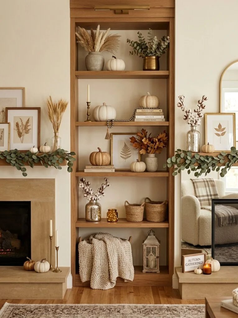 Elegant Shelf Styling Neutral Fall Decor Ideas for a Sophisticated Look need real time image of home decor 
