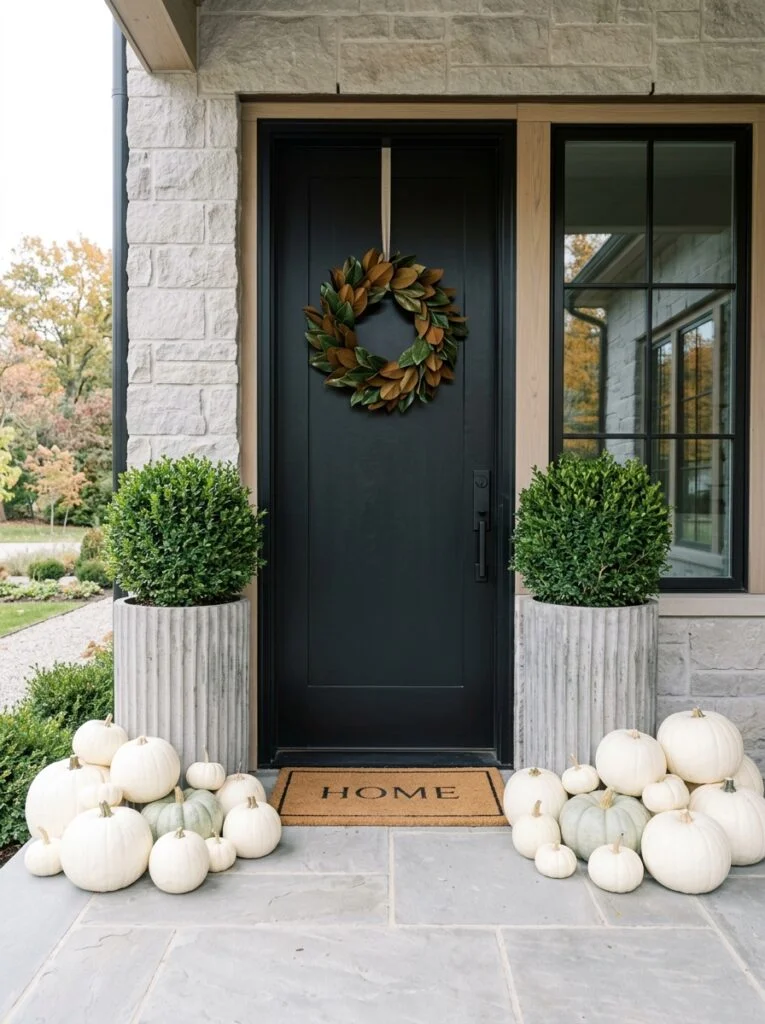 Elegant White Pumpkin Display Beautiful Fall Front Porch Decor Ideas