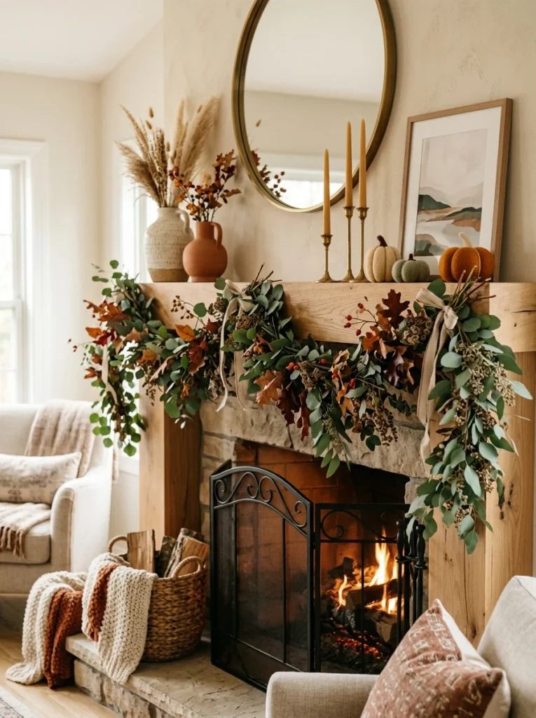 Eucalyptus and Autumn Branch Garland Modern Fall Mantel Decor Ideas for a Cozy Home