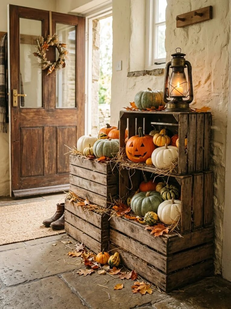 Farmhouse Pumpkin Crate Stack Fall Arrangements Fall Farmhouse Decor Ideas That Feel Warm and Inviting