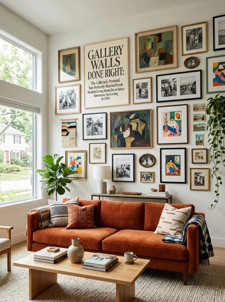 Gallery Walls Done Right: The Collected, Personal, Not-Perfectly-Matched Look Modern Living Room Decor Ideas Americans Are Loving in 2026