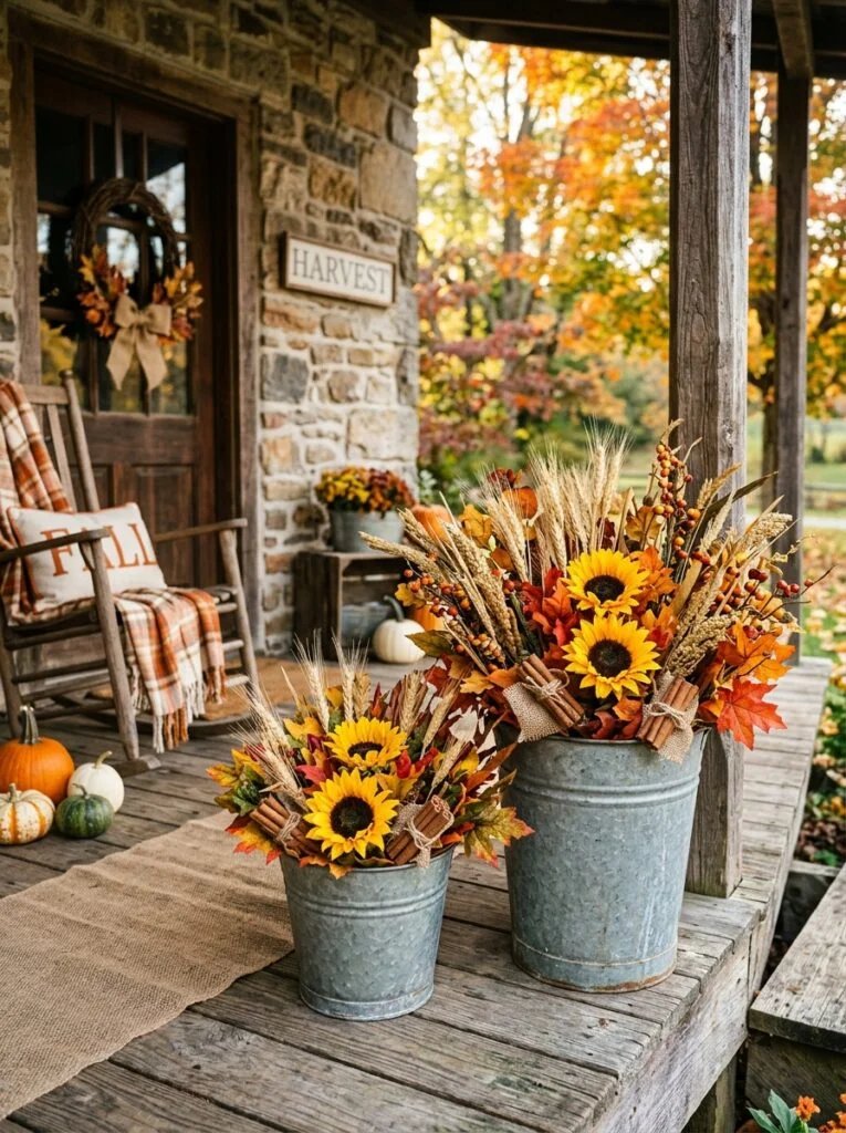 Galvanized Bucket Fall Arrangements Fall Farmhouse Decor Ideas That Feel Warm and Inviting