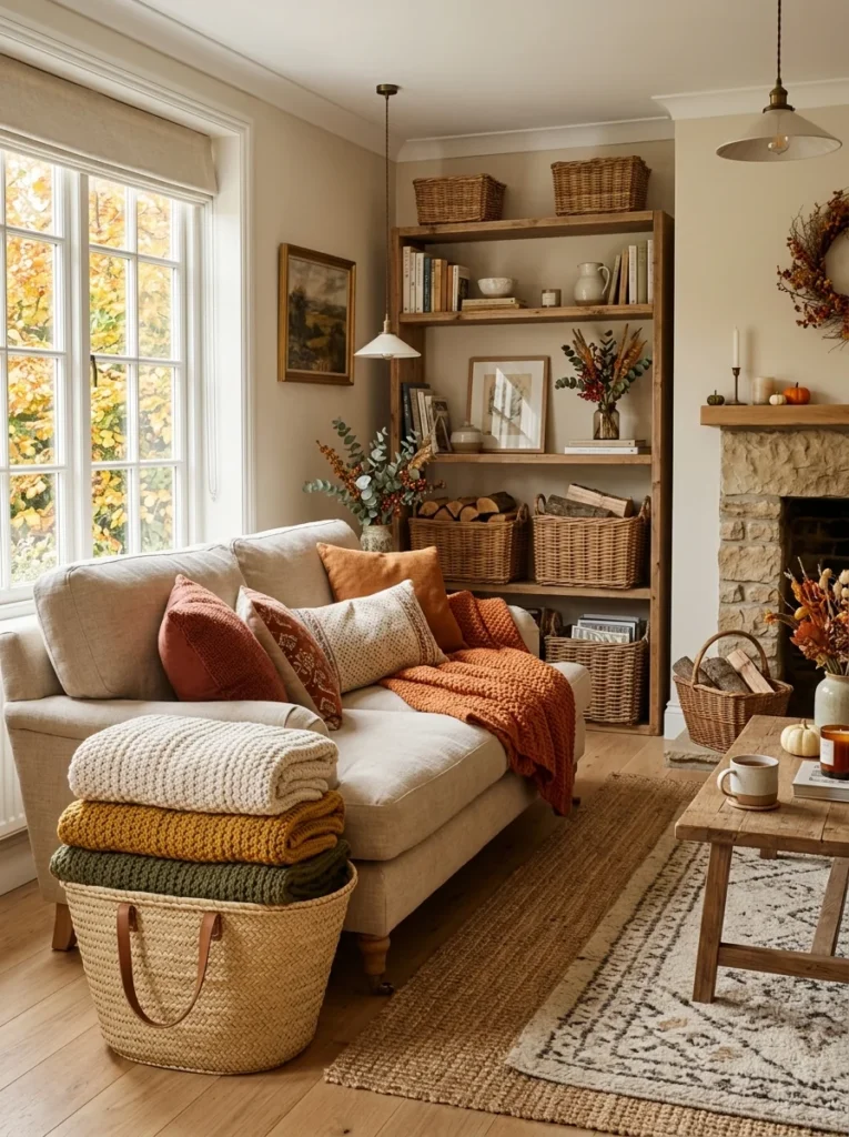 Incorporate Woven Baskets Throughout the Room Cozy fall living room