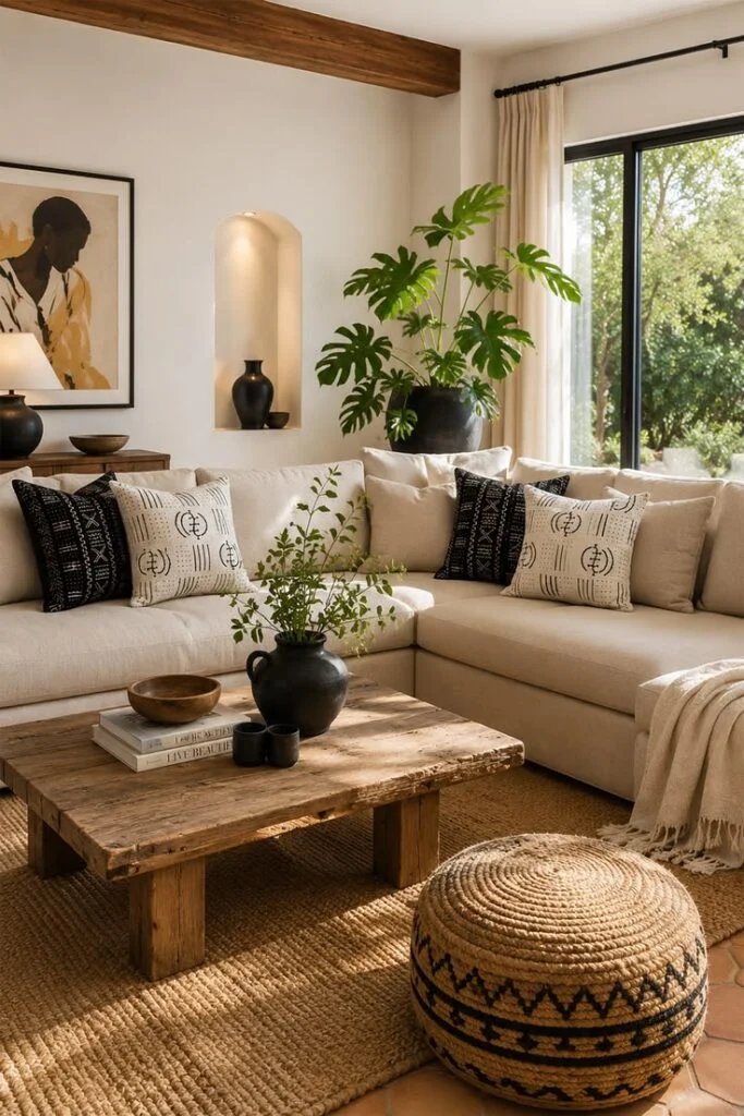 Introduce Natural Materials Wood, Stone, Rattan, Linen luxuary living room