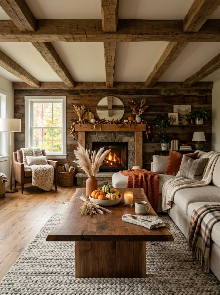 Introduce Natural Wood Accents Cozy fall living room