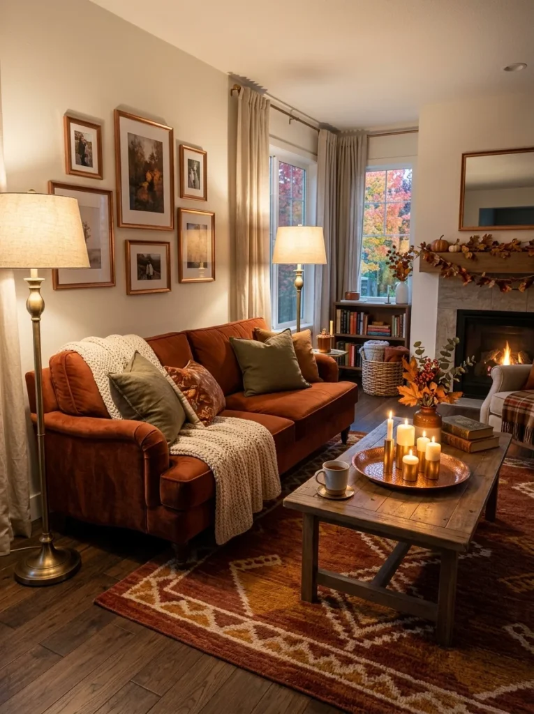 Introduce Warm Metallic Accents Cozy Fall Living Room
